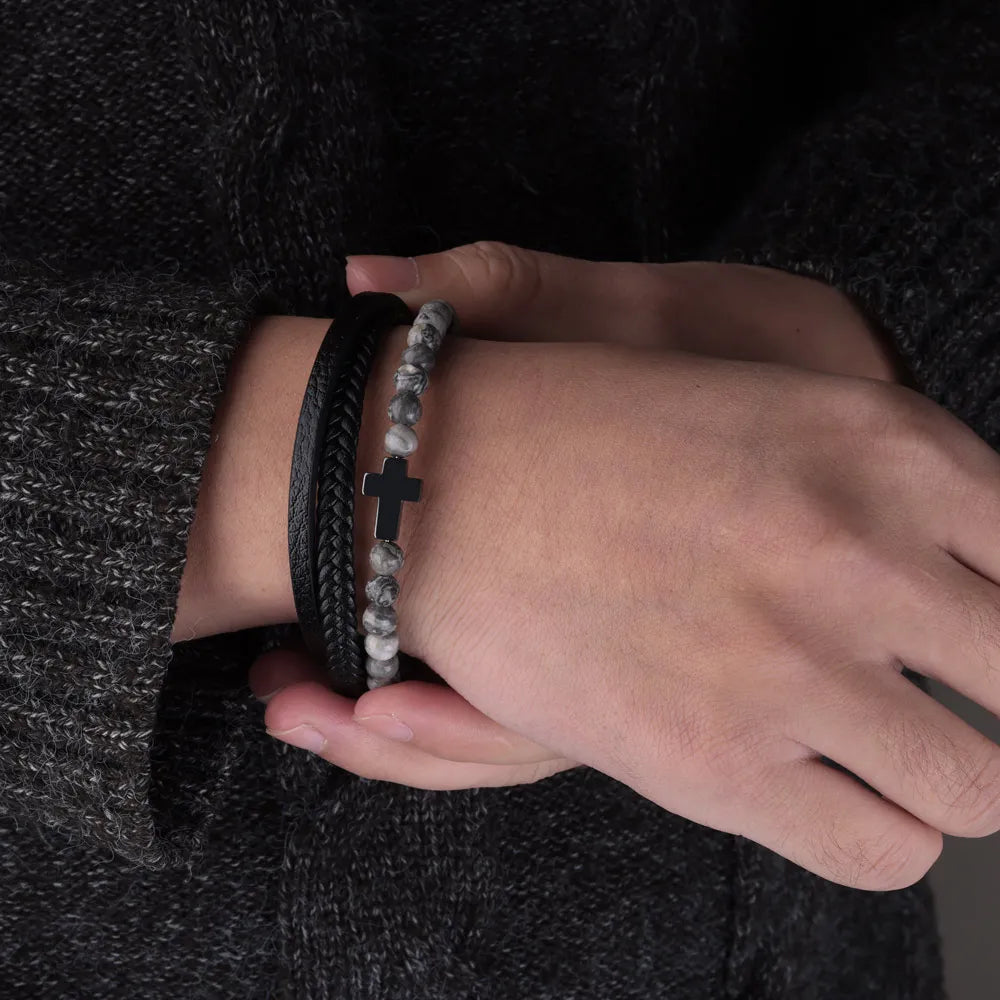 Natural Stone Beads Cross Bracelet On Hand Genuine Leather Braided Stainless Steel Magnetic Clasp Bangles For Men Jewelry Gift - Image 5