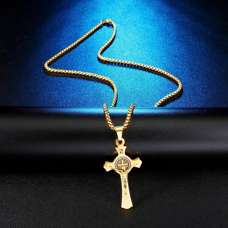 INRI Jesus Cross Necklaces Pendants Stainless Steel Exorcism St. Benedict Crucifix Necklace For Men Jewelry - Image 4