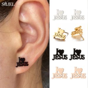 2025 Stainless Steel Jesus Cross Earrings – Men’s Christian Stud Jewelry with Heart Charm