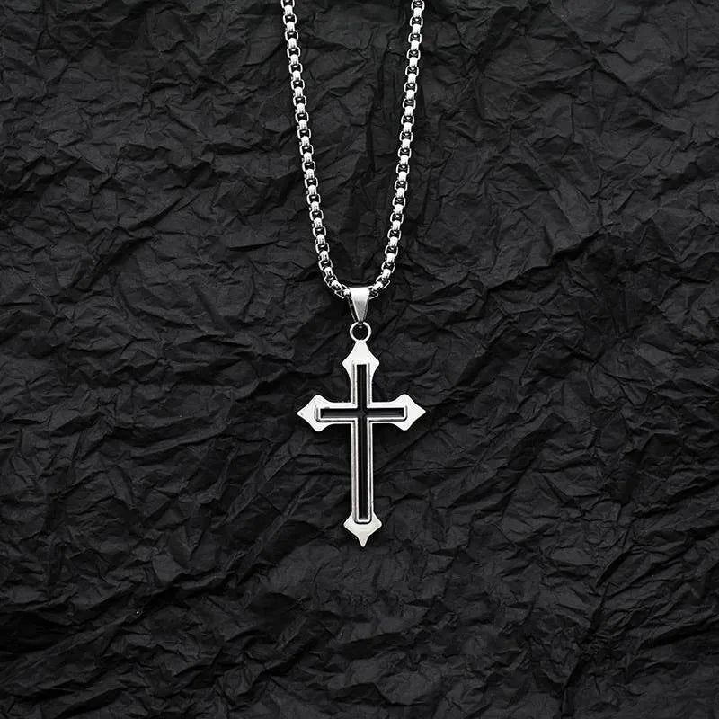 Minimalist Black Oil Drop Cross Necklace – Silver Color Stainless Steel Chain, Unisex Hip-Hop Punk Jewelry - Image 4
