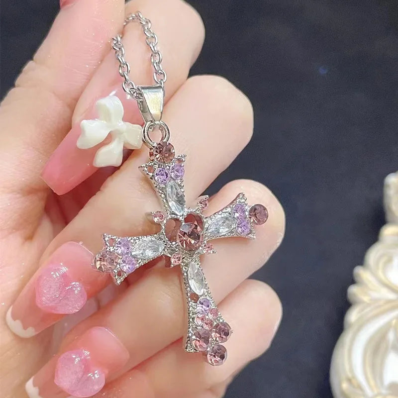 ChatGPT said: New Y2K Punk Pink Purple Zircon Cross Necklace – Rhinestone Clavicle Chain for Women - Image 6