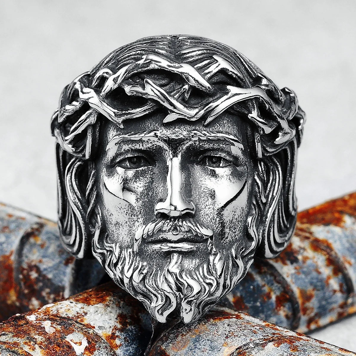 316L Stainless Steel Menβs Christian Jesus Face Ring - Image 2