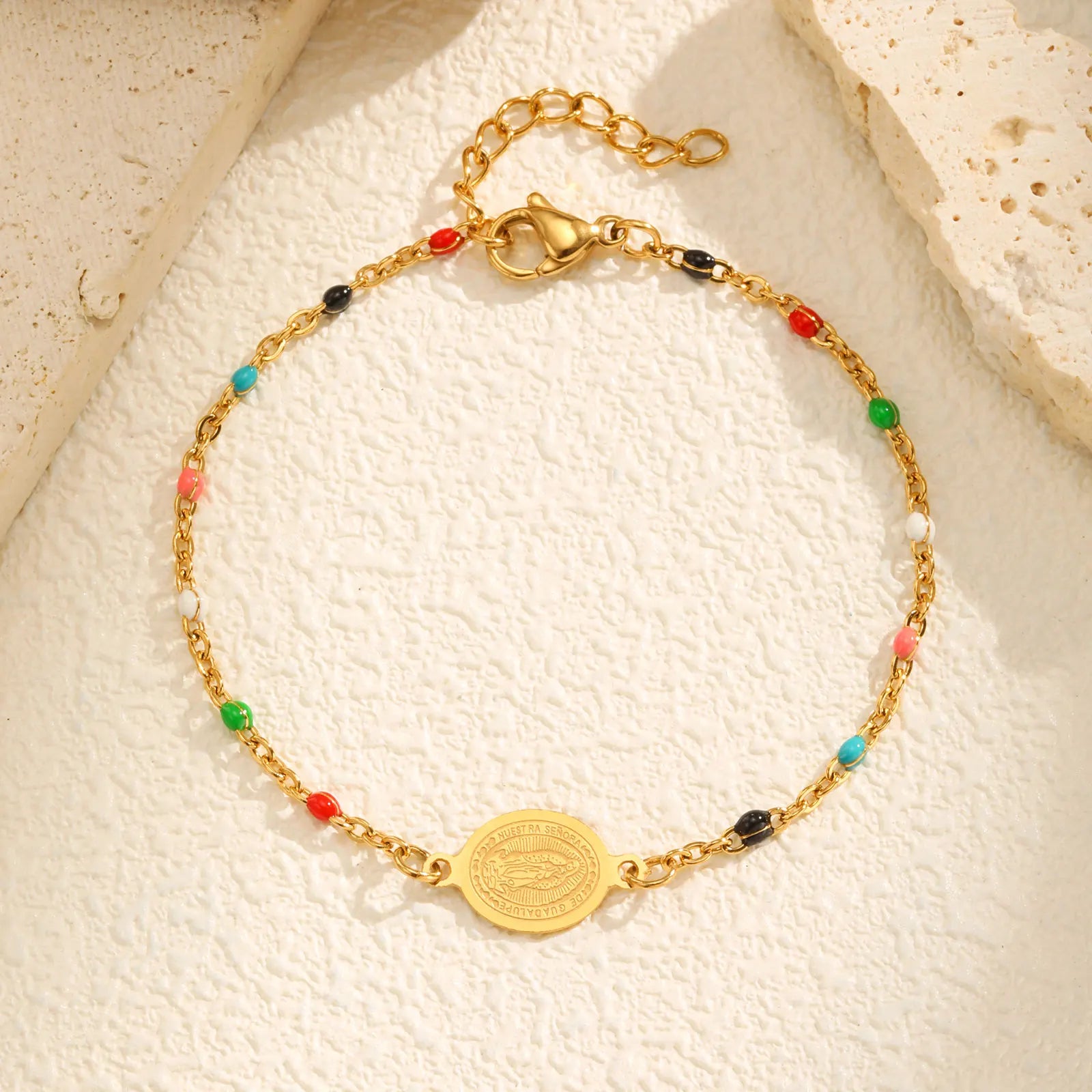 Bohemian Colored Bead Virgin Bracelets – Gold Stainless Steel Christian Jewelry for Women - Image 6