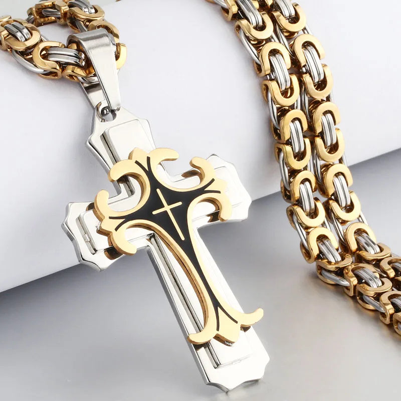 Male Vintage Christian Trinity Latin Cross Necklace - Image 7