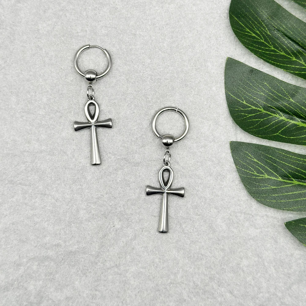 Egyptian Ankh Cross Drop Earrings – Key of Life Stainless Steel Hoops for Men & Women - Image 2