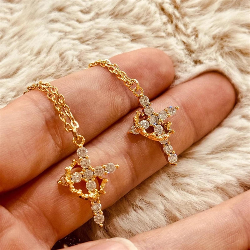 Luxury Rotatable Crown Zircon Cross Choker Necklace & Earrings Set – Christian Jewelry for Women
