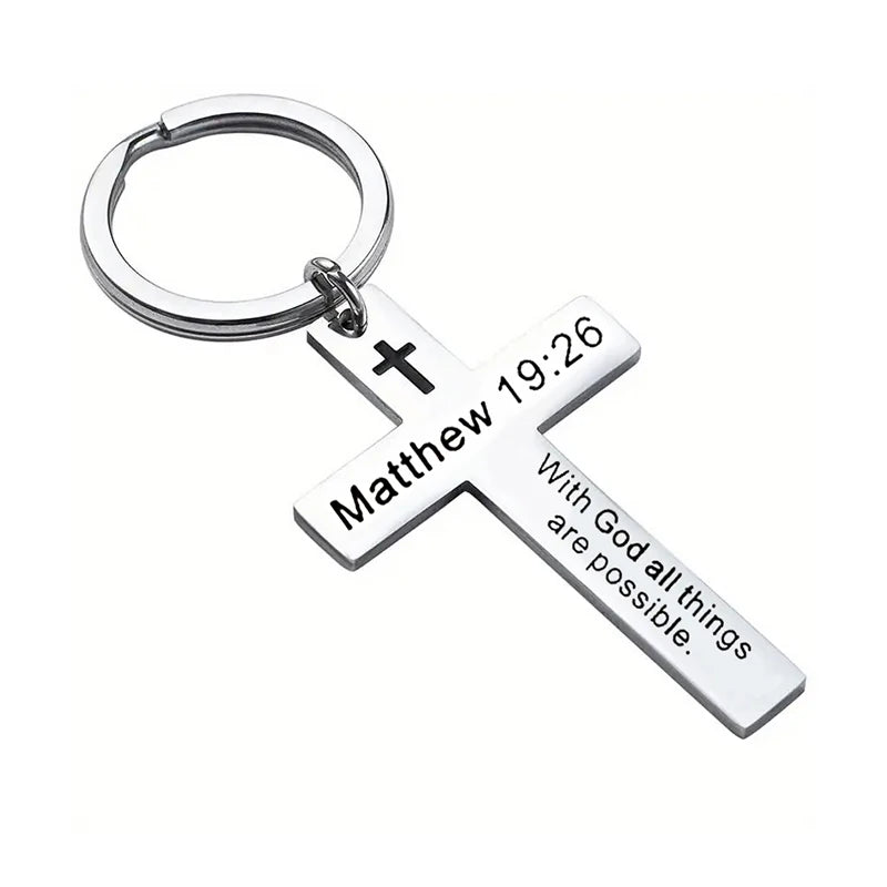 Christian Bible Verse Cross Pendant Keychain – Stainless Steel Religious Gift