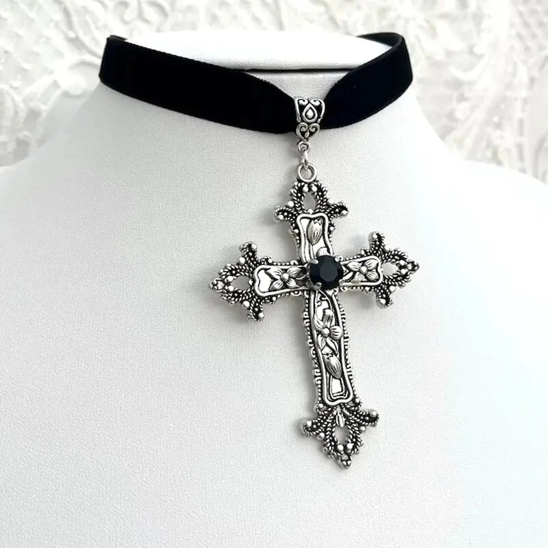 Classic Gothic Large Cross Black Velvet Necklace - Image 4