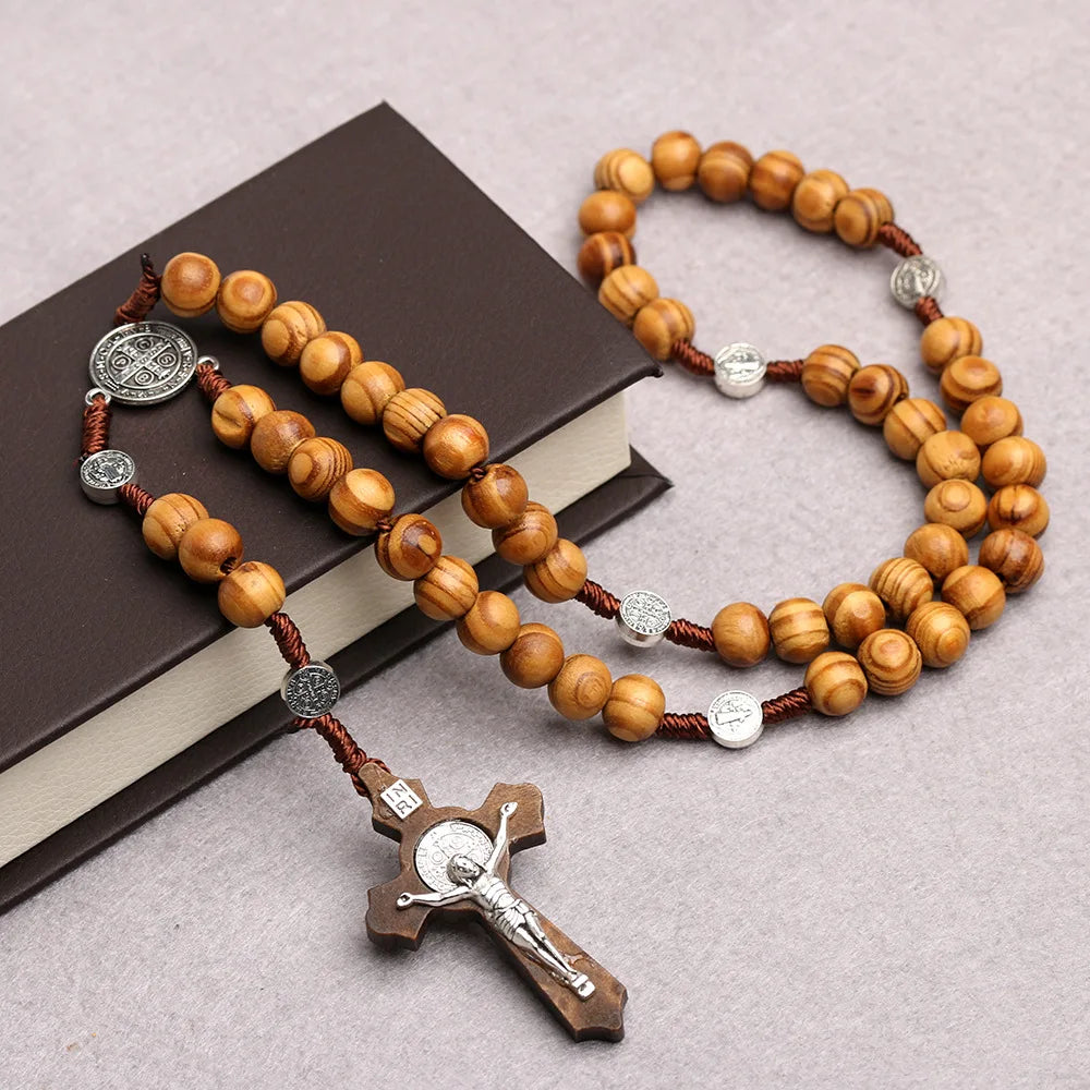 10MM Wooden Beads Rosary Cross Necklace – Christian Virgin Mary & INRI Pendant - Image 4