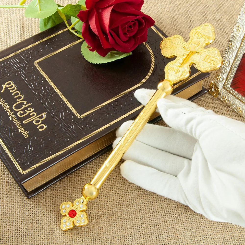 Gold-Plated Orthodox Jesus Crucifix Statue – Crystal-Inlaid Religious Decor for Prayer, Church & Home - Image 2