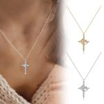 14K Gold Plated Cross & Crown Rotatable Necklace – Cubic Zirconia Pendant Jewelry for Women