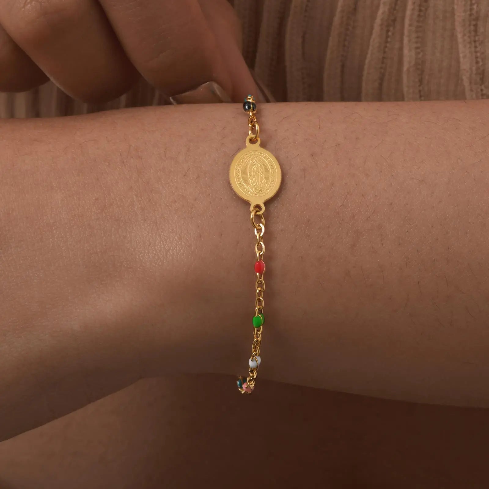 Bohemian Colored Bead Virgin Bracelets – Gold Stainless Steel Christian Jewelry for Women - Image 4