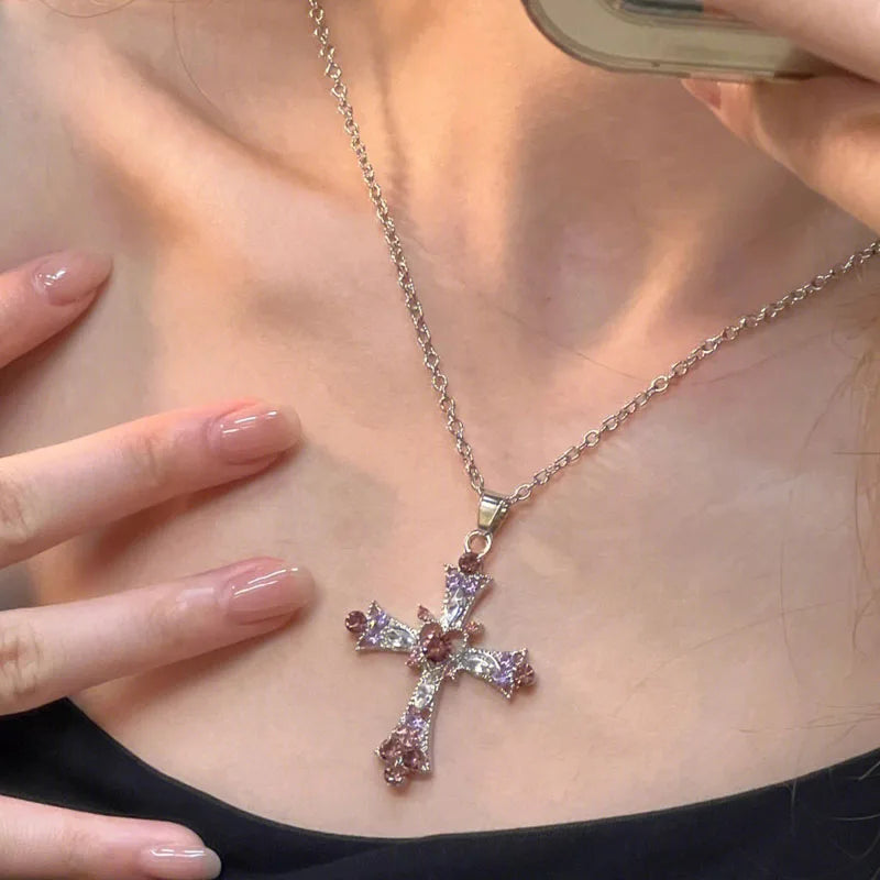 ChatGPT said: New Y2K Punk Pink Purple Zircon Cross Necklace – Rhinestone Clavicle Chain for Women - Image 2