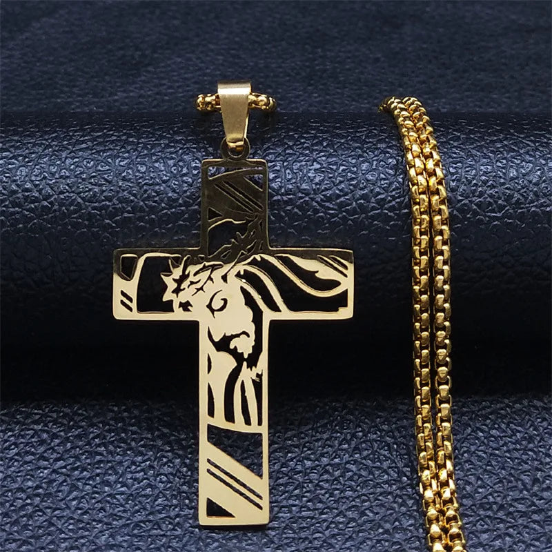 Hip Hop Punk Crown of Thorns Jesus Cross Necklace