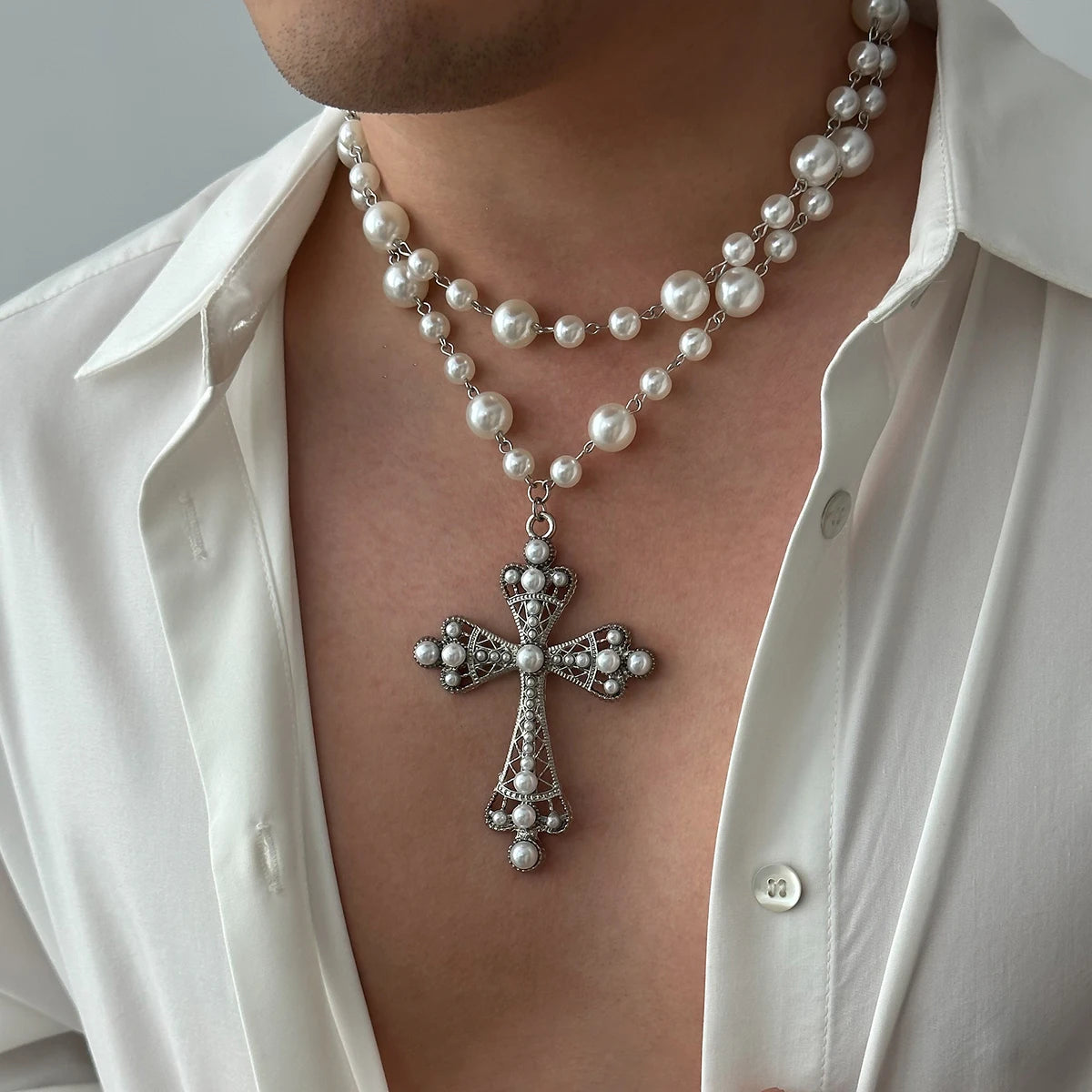 IngeSight.Z Elegant Pearl Choker & Jesus Cross Necklace - Image 5