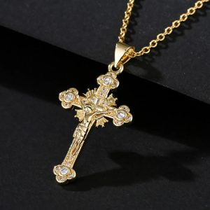NEWBUY Gold Color Jesus Cross Pendant Necklace – Stainless Steel Christian Jewelry for Men & Women