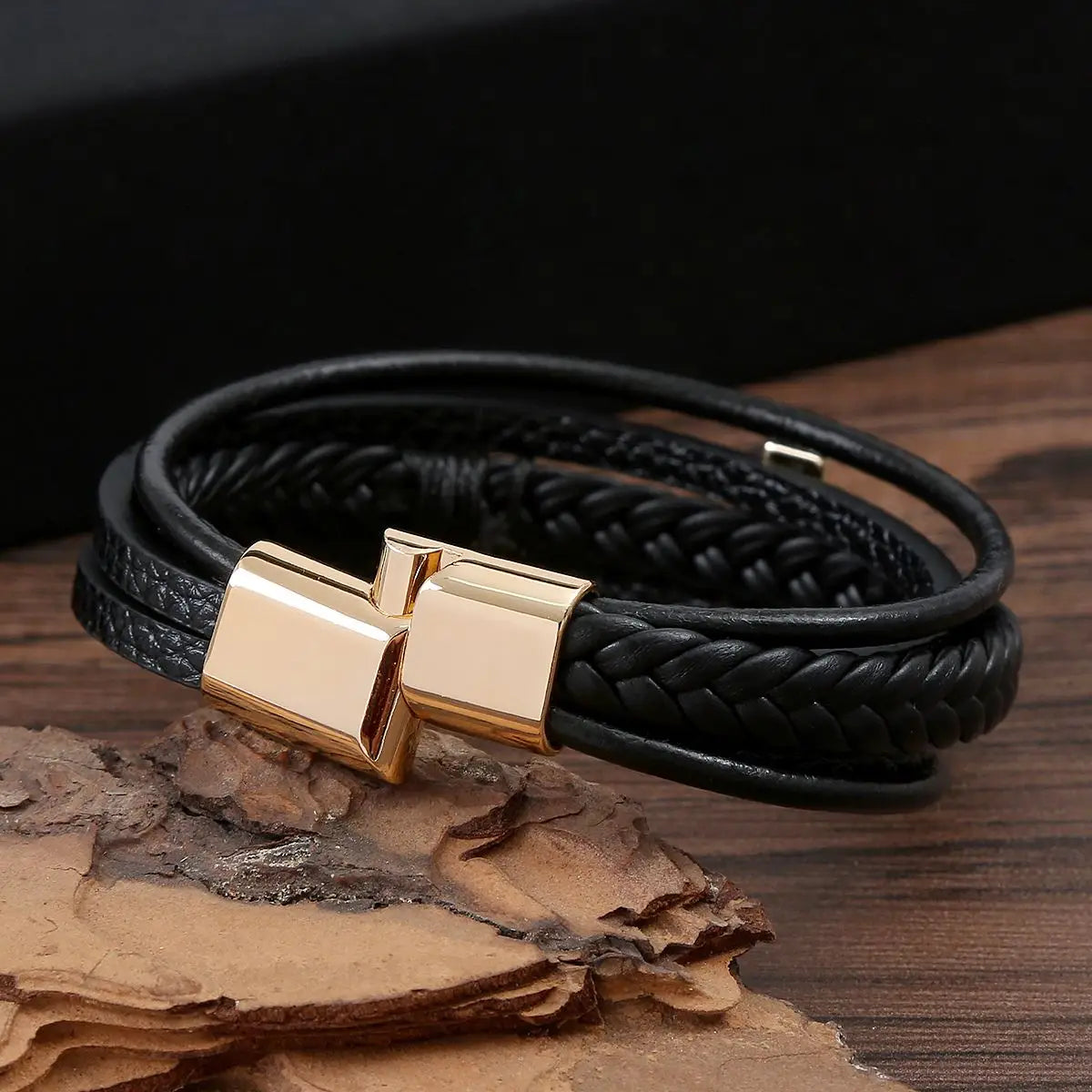 Black Cross Decorative Punk Leather Bracelet – Multilayer Braided Magnetic Clasp for Men - Image 4