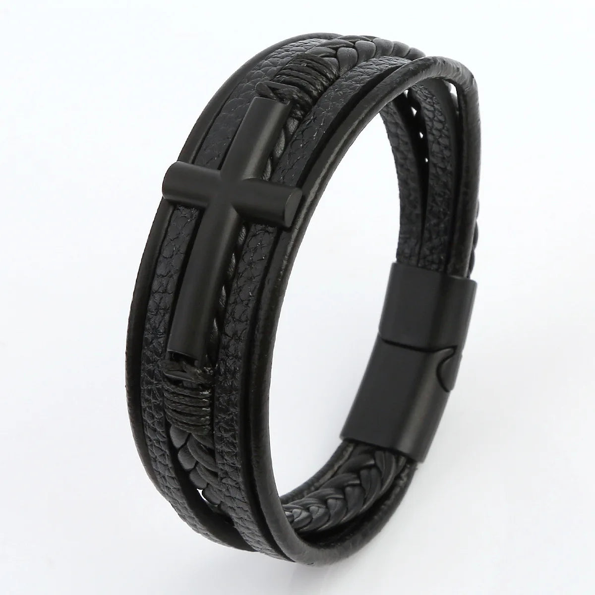 Black Cross Decorative Punk Leather Bracelet – Multilayer Braided Magnetic Clasp for Men - Image 10