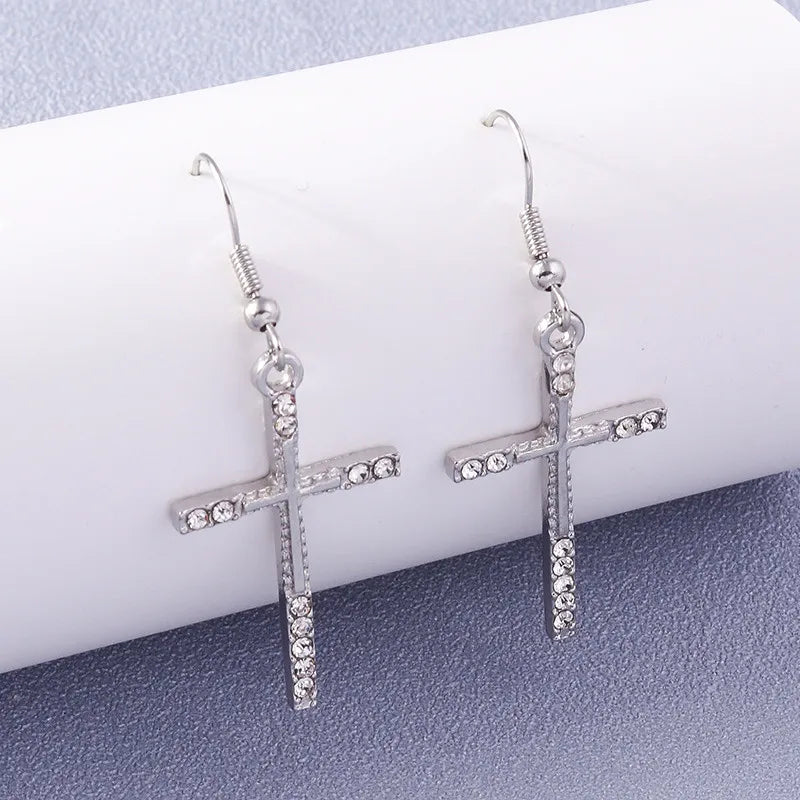 Fashion Zircon Crystal Cross Earrings – Gothic Punk Crucifix Dangle Jewelry for Men & Women - Image 6