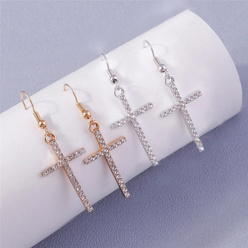 Fashion Zircon Crystal Cross Earrings – Gothic Punk Crucifix Dangle Jewelry for Men & Women