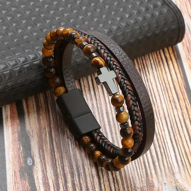 Fashion Cross Pendant MultiLayer Leather Bracelet for Men Women Classic Christian Prayer Christmas New Year Gift - Image 9