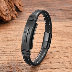 Black Gold Plated Cross Stainless Steel Bracelet – Men's Leather Punk Chain Jewelry