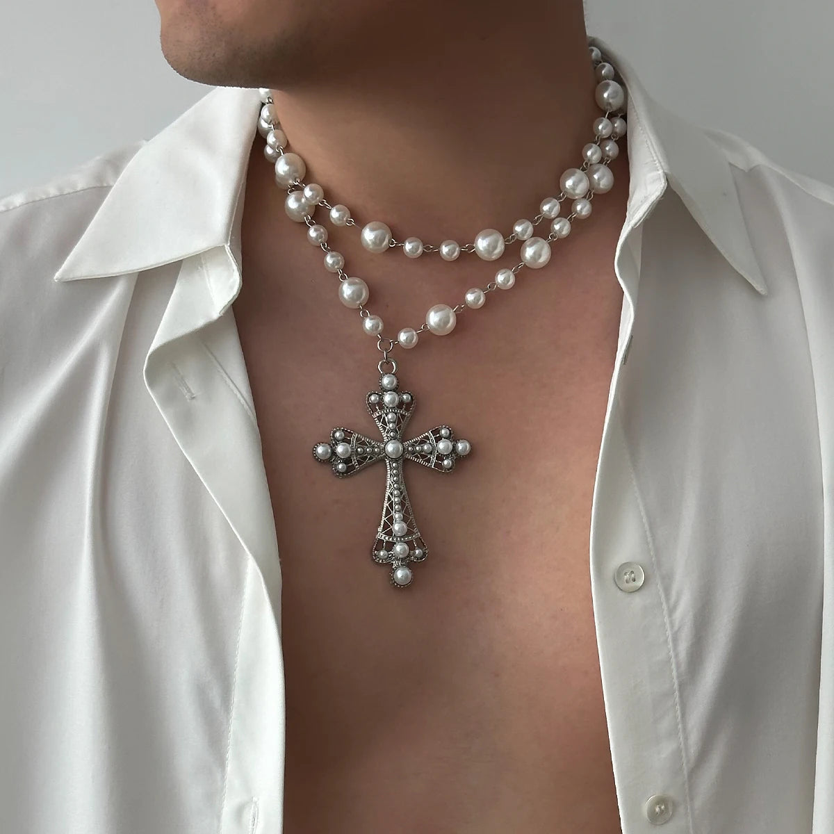 IngeSight.Z Elegant Pearl Cross Choker Necklace – Goth‑Chic 2‑in‑1 Statement Piece - Image 2