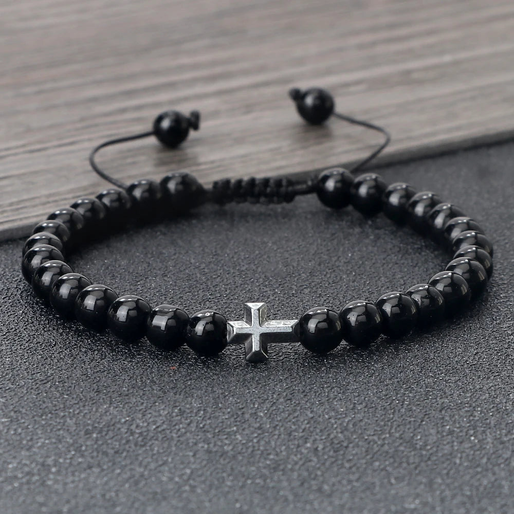 6mm Natural Stone Beads Braided Cross Bracelet – Christian Prayer Jewelry for Men & Women
