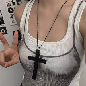 New Gothic Cool Y2K Wood Cross Pendants Necklaces Unisex Black White Red Hip Hop Charm Chain Choker Necklace Fashion Jewelry