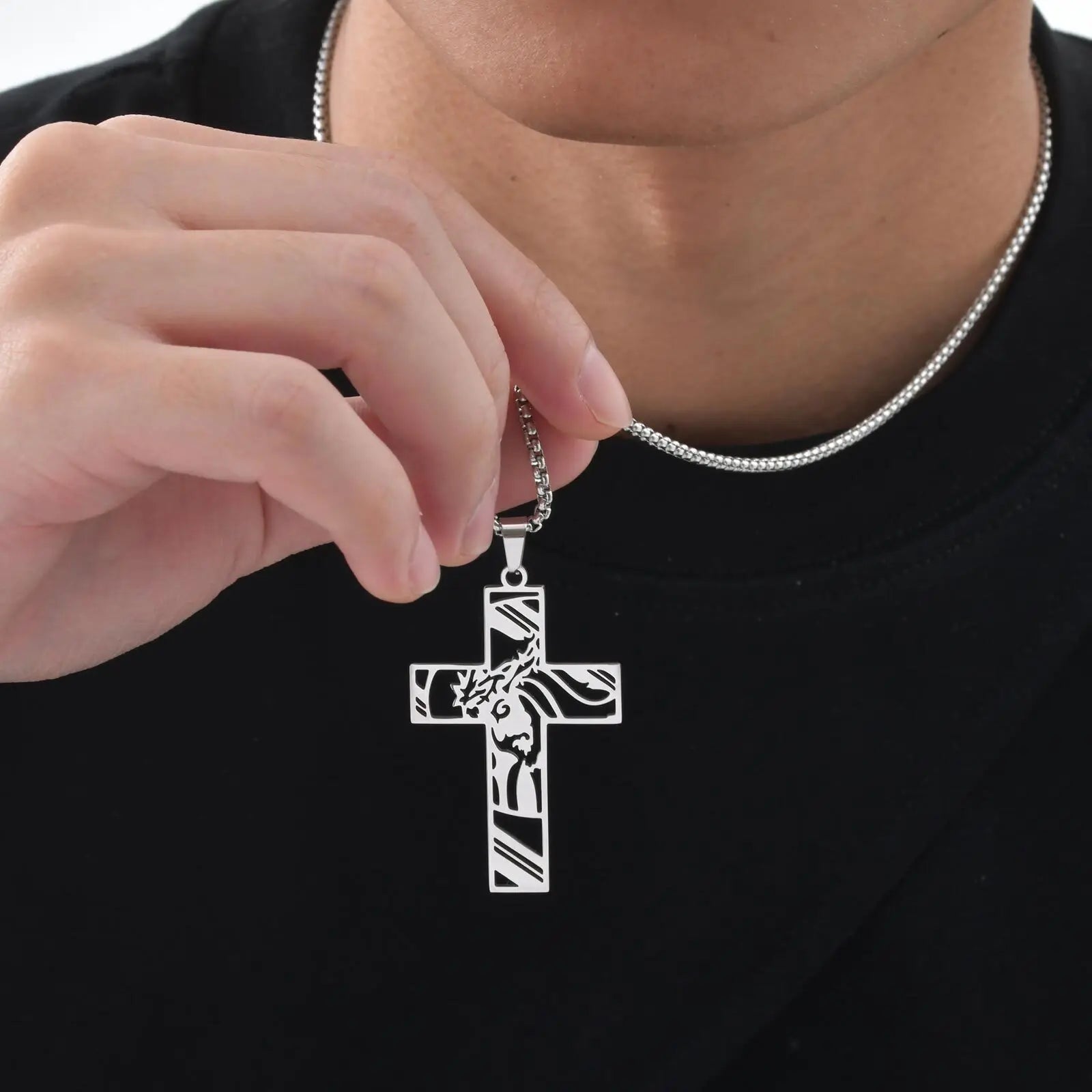 Jesus Cross Necklace for Men & Boys – Hollow Out Jesus Face Stainless Steel Pendant - Image 3