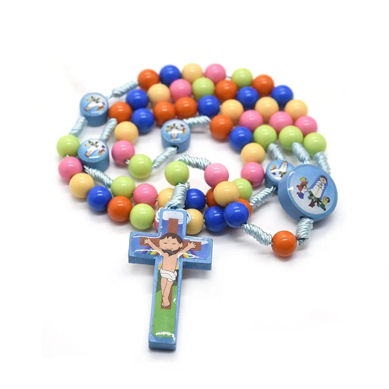 Children's Colored Plastic Beads Rosary Necklace – Wood Cross Pendant Catholic Prayer Ornament - Image 5